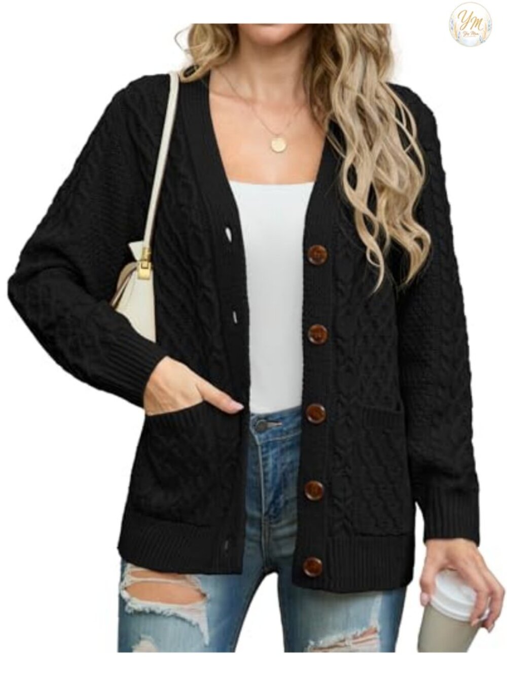 Cable Chunky Knit Cardigan Sweater with Pockets V-Neck Button